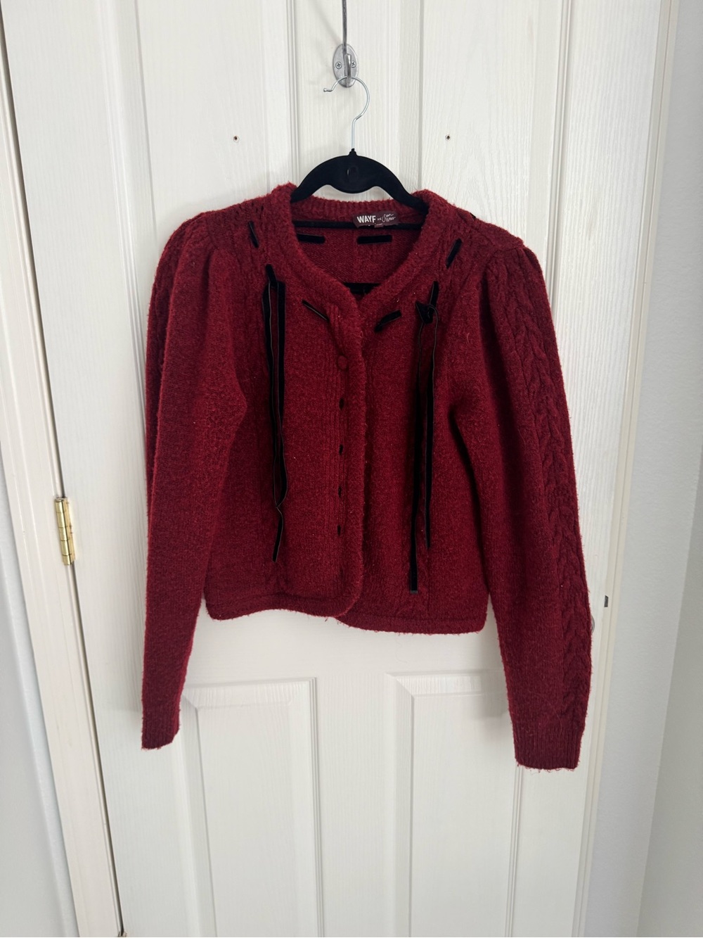 Wayf Deep Red Knit Cardigan with Black Ribbon Detail